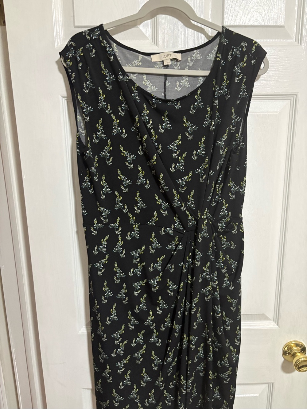LOFT Black Floral Twist-Front Sleeveless Dress with Green and White Sprigs